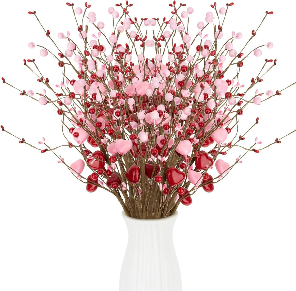 RAINFLOW 6PCS Artificial Red Berry Stems - 16.5" Heart Berry Picks for Vase, Mother's Day Floral Decor Anniversary Wedding Party Centerpieces Pink Spring Home Decor(No Vase)