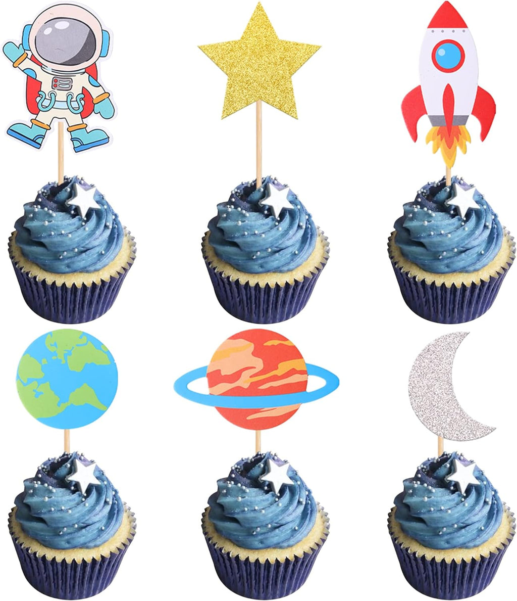 36 Pack Space Astronaut Cupcake Toppers Planet Rocket Spaceship Trip to the Moon Star Cupcake Food Picks Universe Outer Space Theme Baby Shower Kids Birthday Party Cake Decorations Supplies