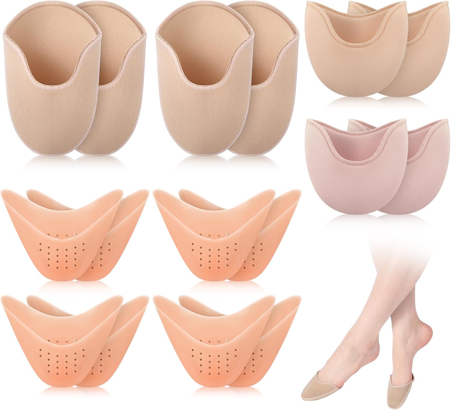 Chicingyou 8 Pairs Ballet Pointe Dance Shoe Toe Covers 4 Pair Sponge Insoles 4 Pair Gel Toe Pads Breathable Forefoot Wrap Pads Half Pad with Curved Design for High Heels Ballet (Skin Tone)