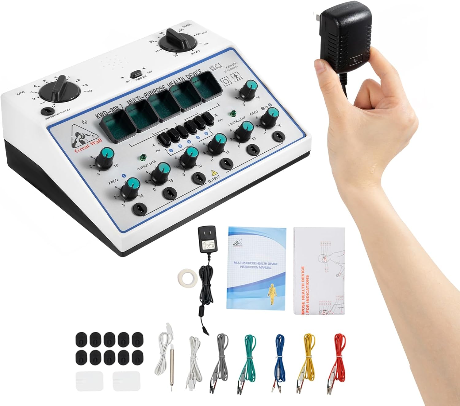 KWD-808I Electric Acupuncture Stimulator Machine, 110-240V 500-1000hpa Adjustable Electric Impulse Acupuncture Treatment Electrotherapy Instrument Pulse with 5 Wave Modes & 6 Output Ports