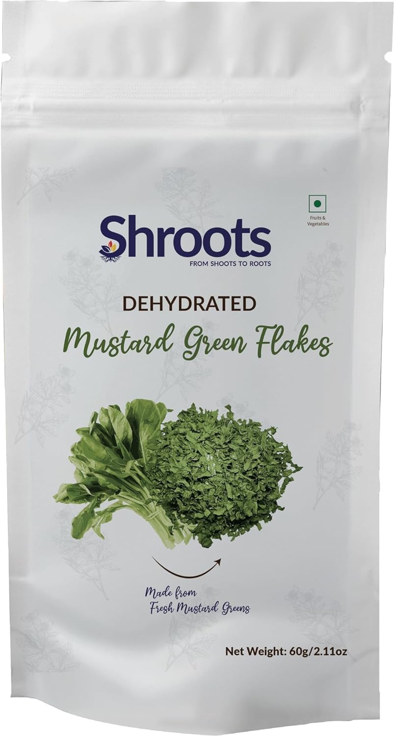 SHROOTS Dehydrated Mustard Greens (Sarson Saag) 60g (2.11oz) Air Dried Mustard Leaves Dried Sarson Saag Gluten Free, Vegan, No Preservatives For Soups, Stews, Curries & Stir Fry Camping & Emergency Food