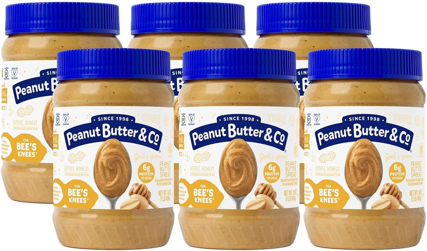 Peanut Butter & Co. The Bee’s Knees Honey Flavored Peanut Butter, Gluten Free, 16 Ounce (Pack of 6)