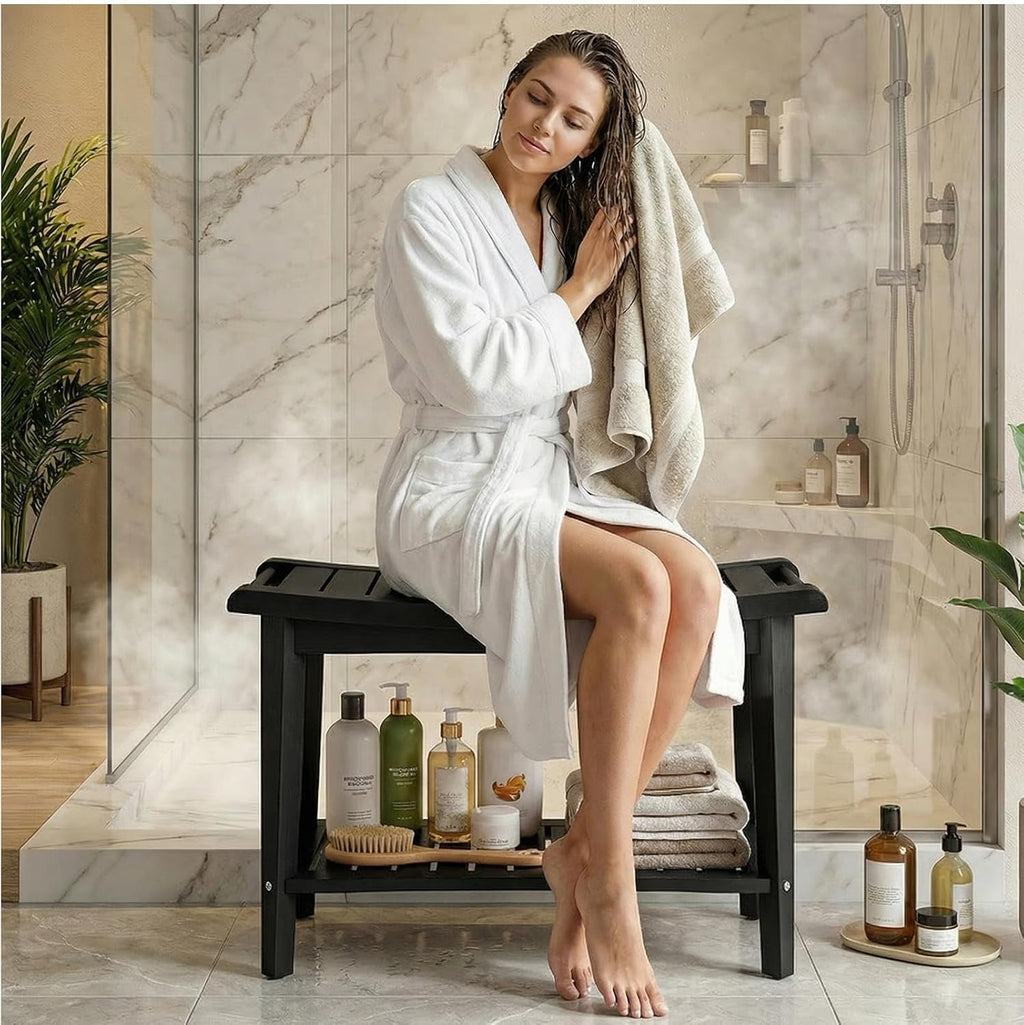 ZJchao Shower Bench, 60x33x46cm Wood Ergonomic Shower Stool with Storage Shelf and Handles Shower Stool Bath Bench for Bathroom Spa Outdoor Use Elegant Shower Seating Solution (Black)