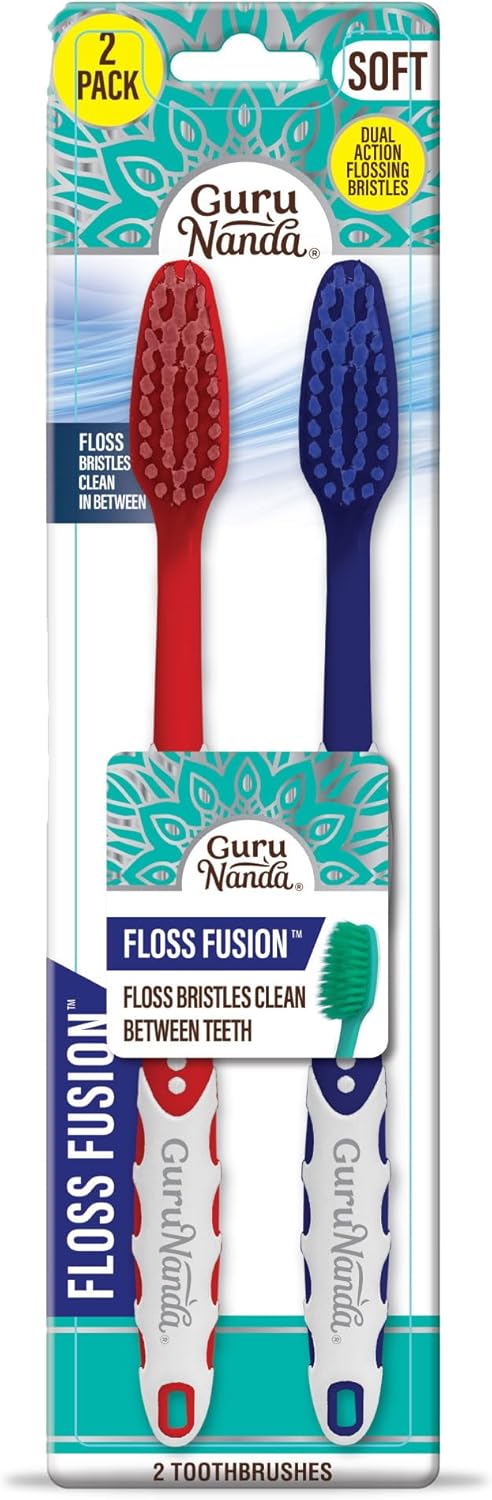 GuruNanda Floss Fusion Toothbrush with Dual Action Soft Flossing Bristles, Ultra-fine Tapered Bristles for Deeper Cleaning, BPA & PFAS-Free, (2 Count)