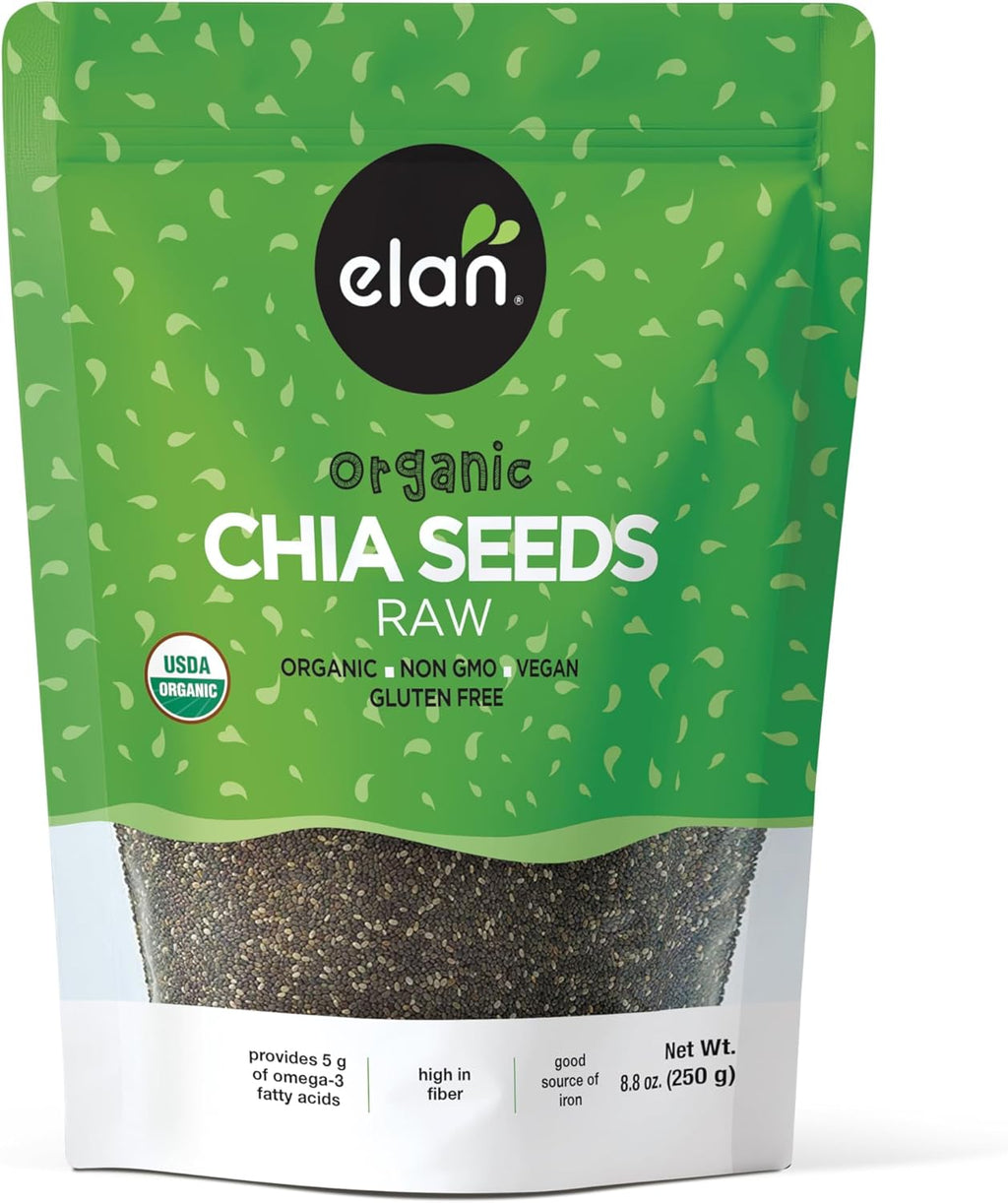 Elan Organic Chia Seeds, 8.8 oz, Natural Raw Black Chia Seeds, Plant-Based, Non-GMO, Vegan, Gluten-Free, Kosher, Gels Easily, Superfood