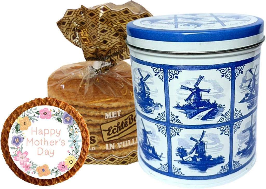 DeReuze Dutch Stroopwafel Gift Set – Authentic Caramel Waffle Cookies in Blue Tile Delft Style Holland Tin – Includes Gift Message: Happy Birthday, Thank You, Get Well for Coffee & Tea Lovers (Mother's Day)