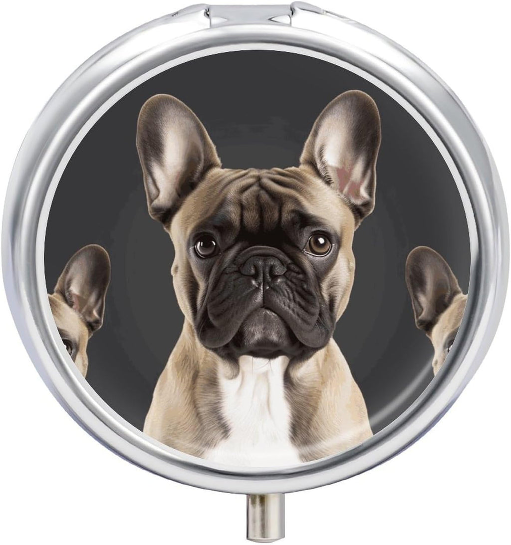Round Pill Box French Bulldog Pill Case 3 Compartment Medicine Pill Organizer for Purse & Pocket Portable Travel Pillbox Medicine Vitamin Cod Liver Oil Storage Box Organizer