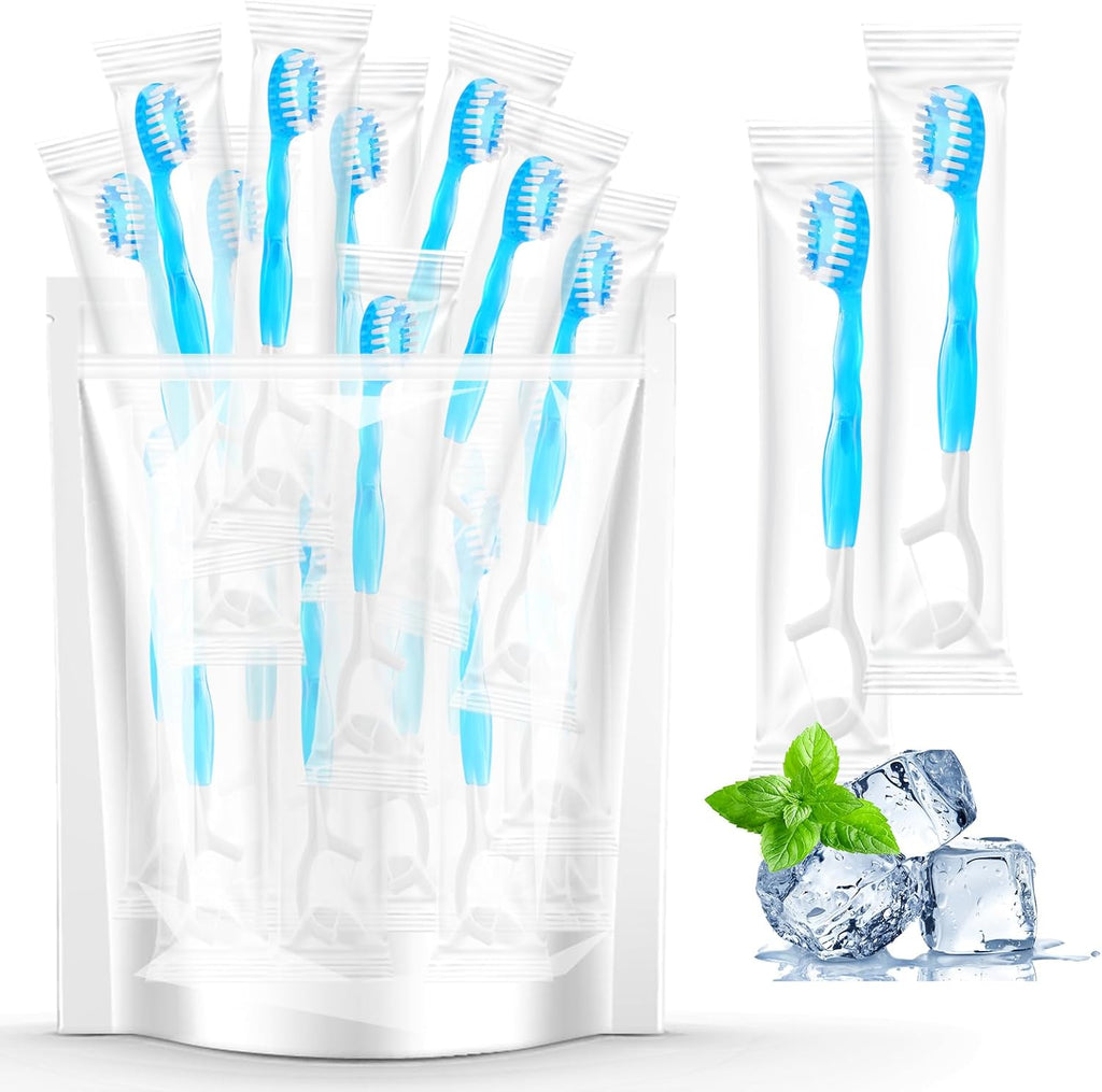 20 Individually Packaged Disposable Travel Toothbrushes with Fresh Beads, 5-in-1 Convenient Mini Disposable Toothbrush (Toothbrush + Fresh Beads + Tongue Scraper + Dental Floss + Pick)