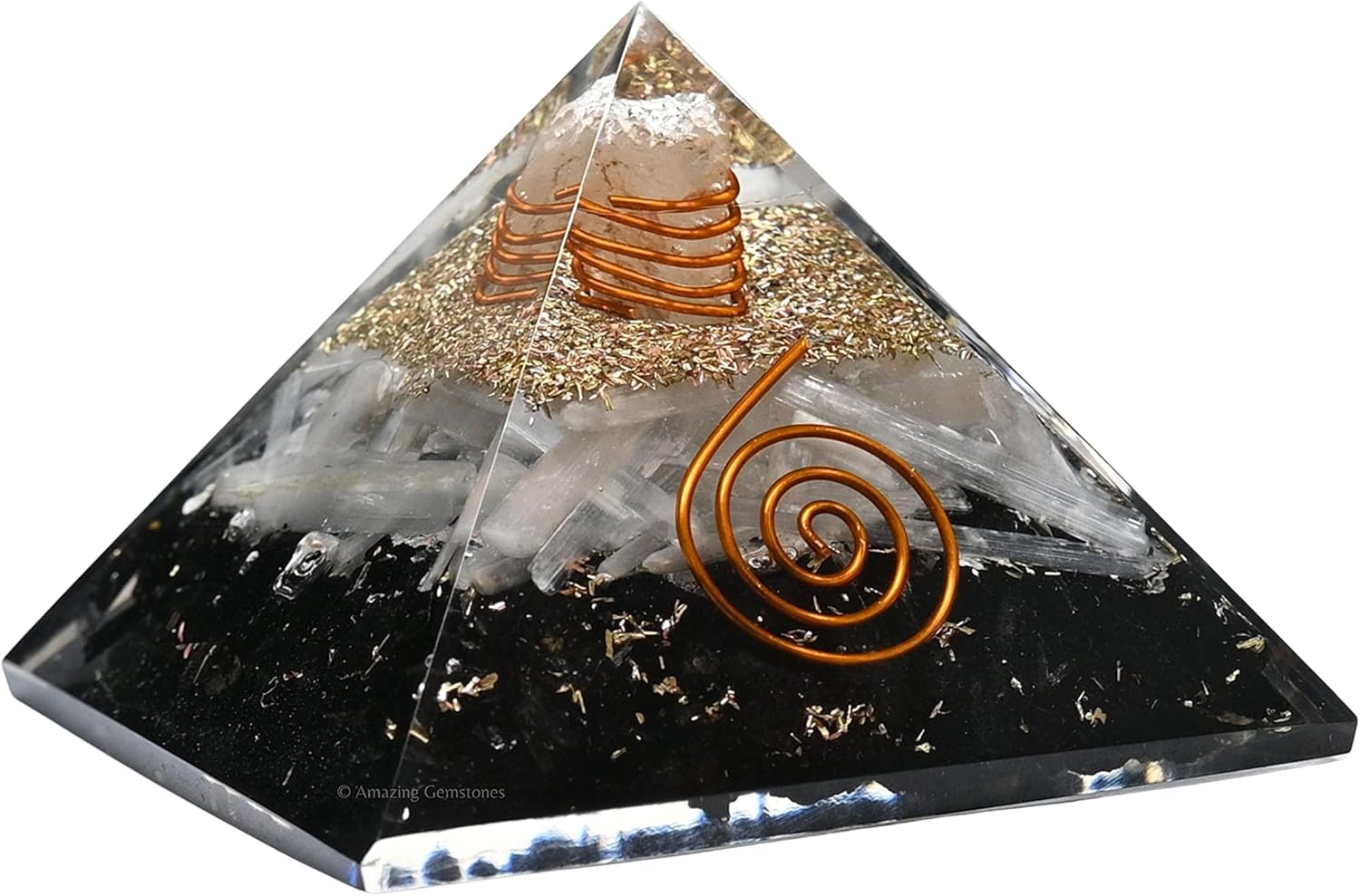 Orgone Pyramid with Black Tourmaline Selenite Crystal and Healing Coil Quartz Point - Natural Healing Stones Orgonite Energy Generator for Yoga Meditation