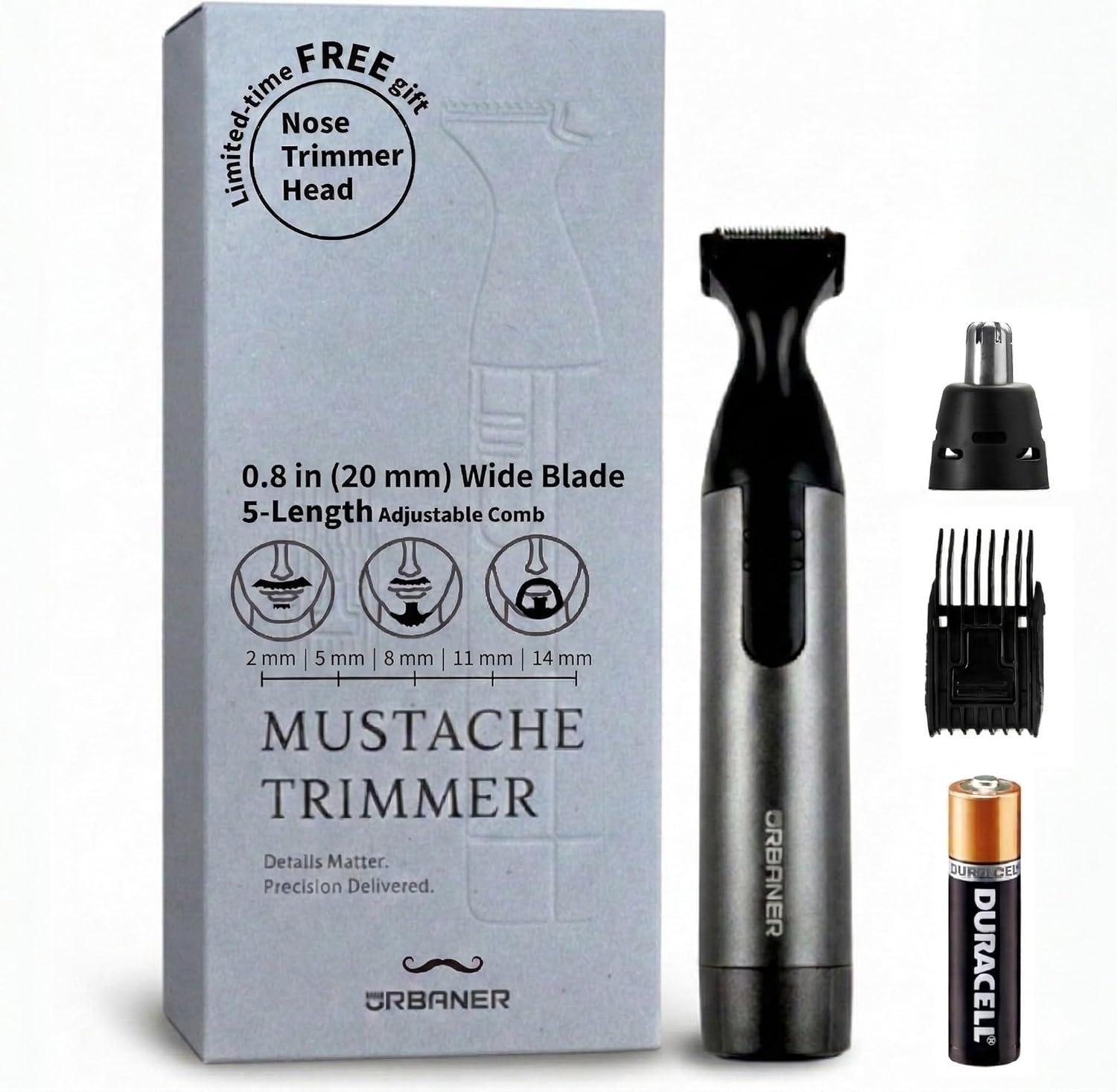 URBANER Mustache Trimmer with Nose & Ear Trimmer Attachment, 0.8" Precision Blade, IPX8 Waterproof, Adjustable 0.08"–0.55", Japanese Motor Beard Trimmer for Men