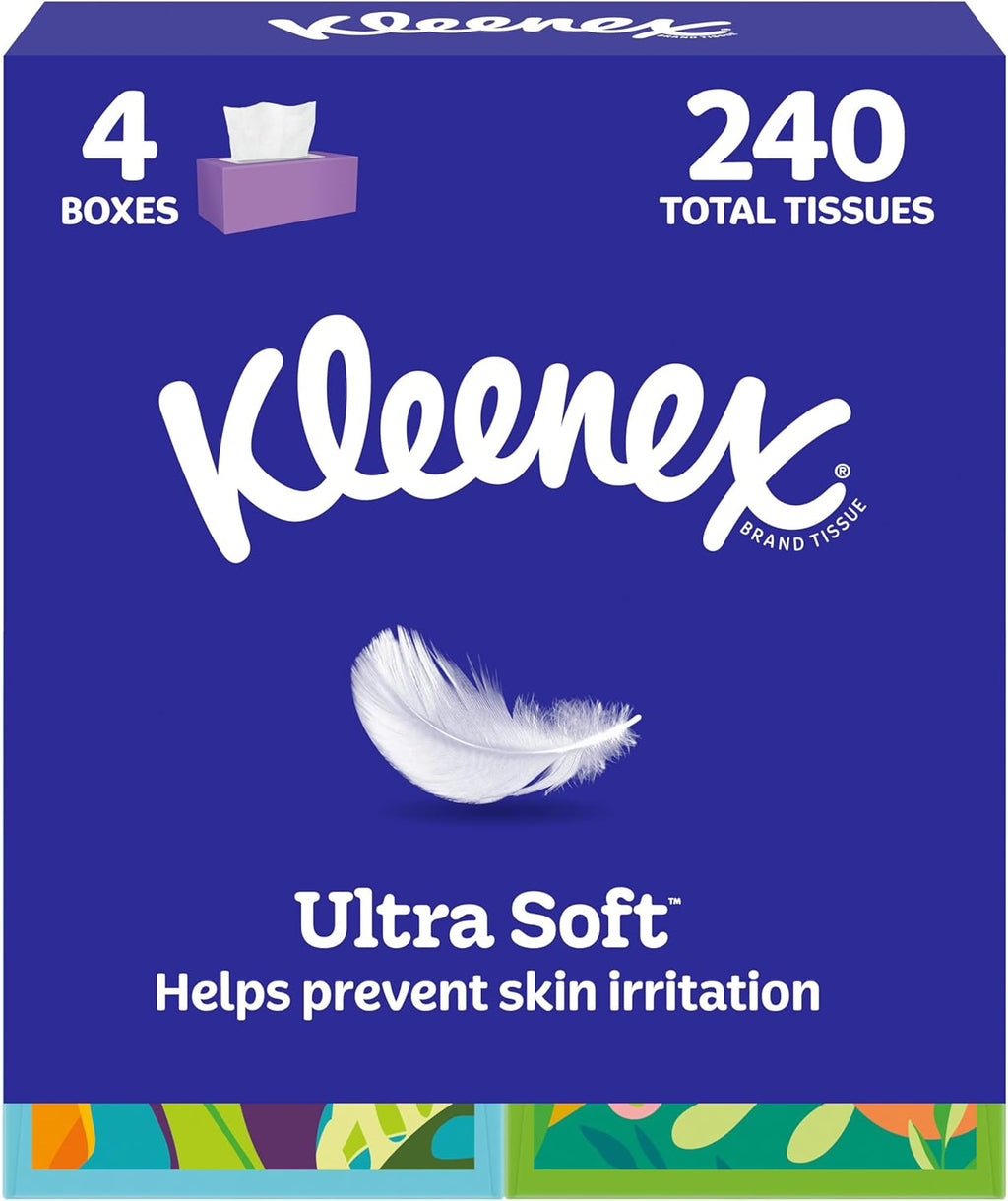 Kleenex Ultra Soft Facial Tissues, 4 Cube Boxes, 60 Tissues per Box, 3-Ply (240 Total), Packaging May Vary