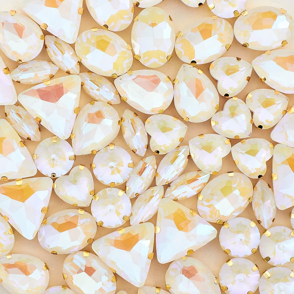 TANOSII Sew on Rhinestones 60 PCS Mixed Shapes Glass Rhinestones Sew on Crystal Gems Mental Flatback with Golden Claw for Jewelry Crafts Clothes Shoes Costume Garment White