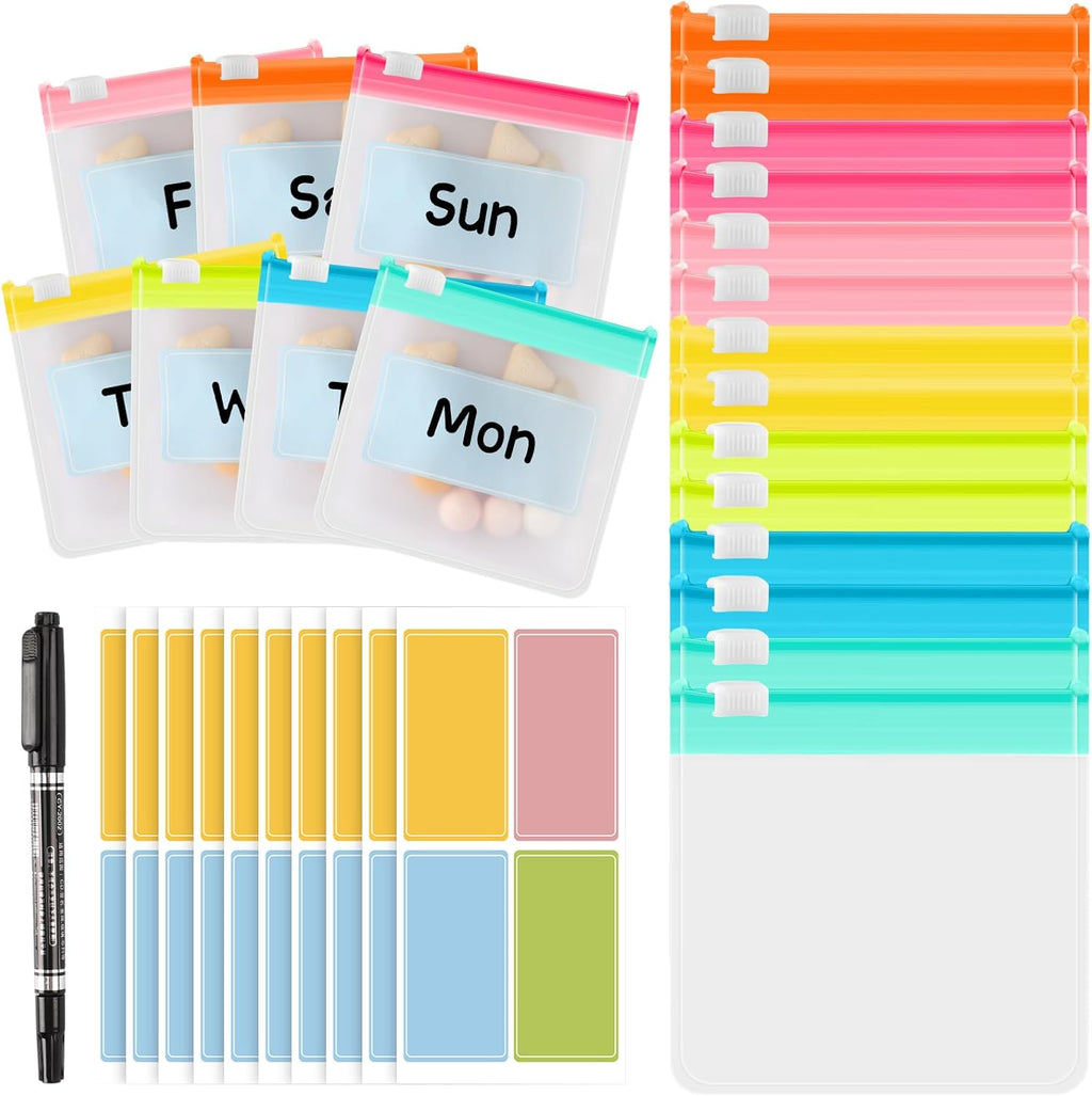 MARFOREVER 25 PCS Pill Pouch Bags Reusable Medicine Organizer Travel Pill Container Storage Pill Case with Slide Lock 14 pcs Plastic Pill Bags 10 pcs Sheets Labels and A Marker