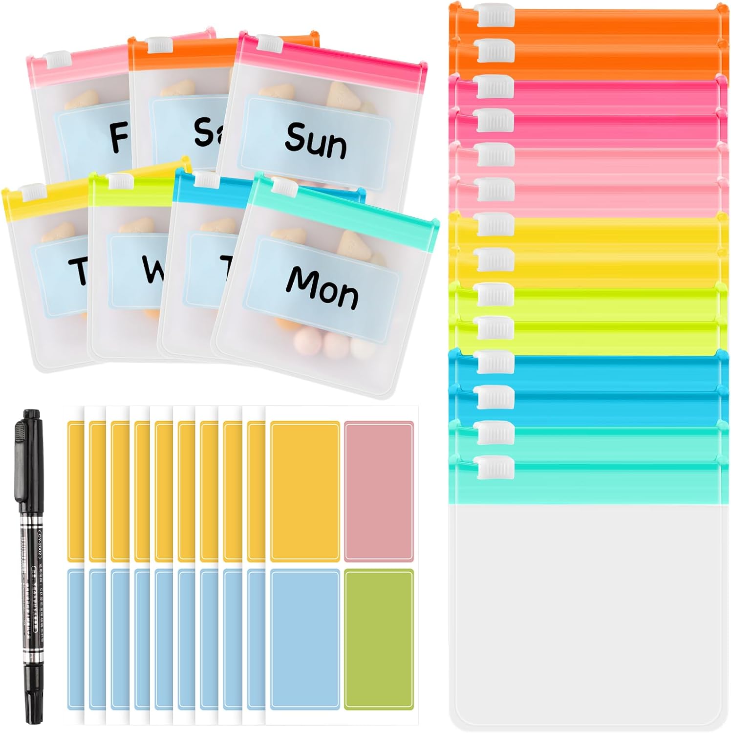 MARFOREVER 25 PCS Pill Pouch Bags Reusable Medicine Organizer Travel Pill Container Storage Pill Case with Slide Lock 14 pcs Plastic Pill Bags 10 pcs Sheets Labels and A Marker