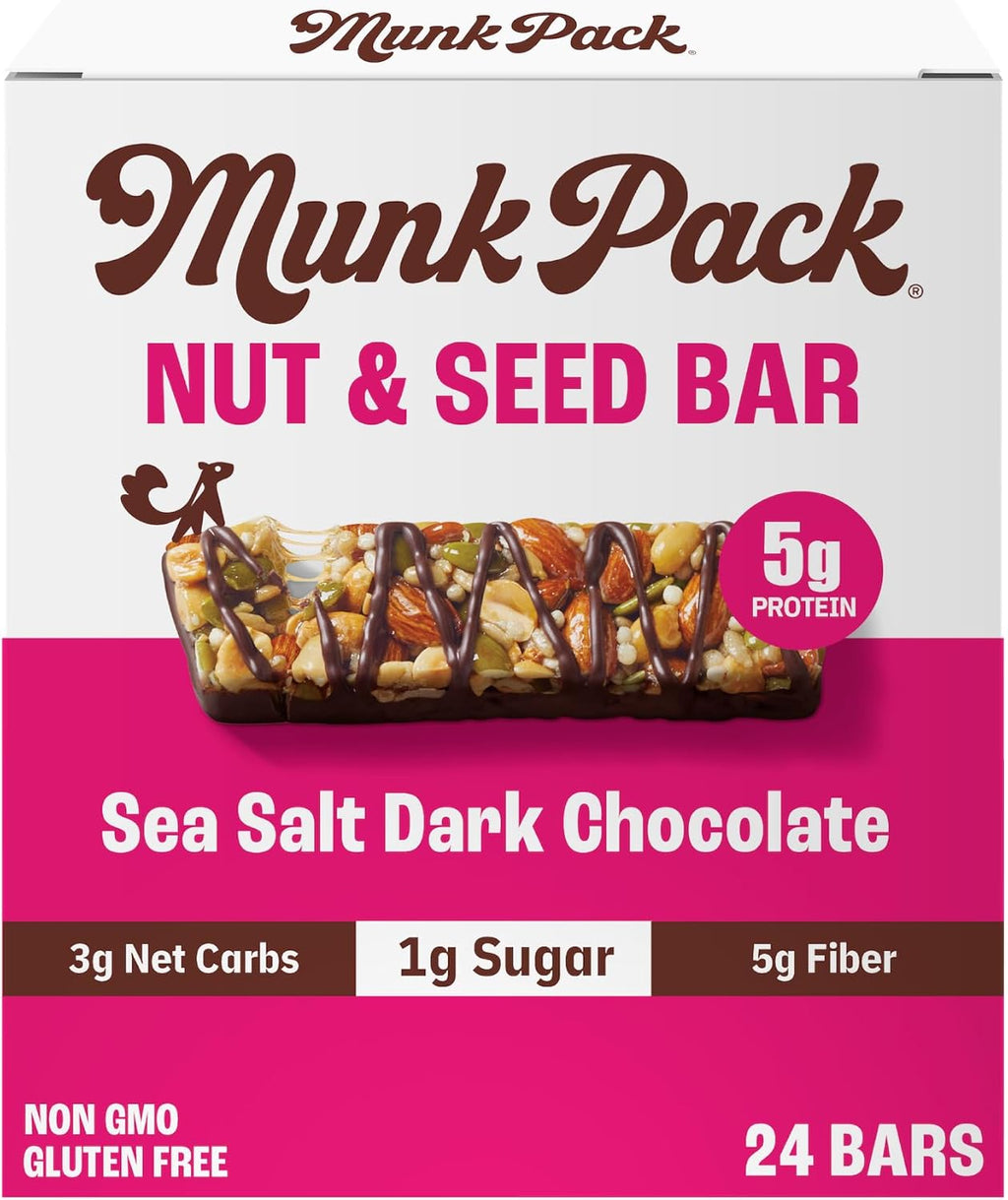 Munk Pack Fiber Nut Bars, Sea Salt Dark Chocolate, Prebiotic Probiotic GLP-1 Snack, 5g Fiber, Gut Friendly Allulose, Plant Protein, Gluten Free, Keto, No Sugar Alcohol, 3g Net Carb, 24 Count