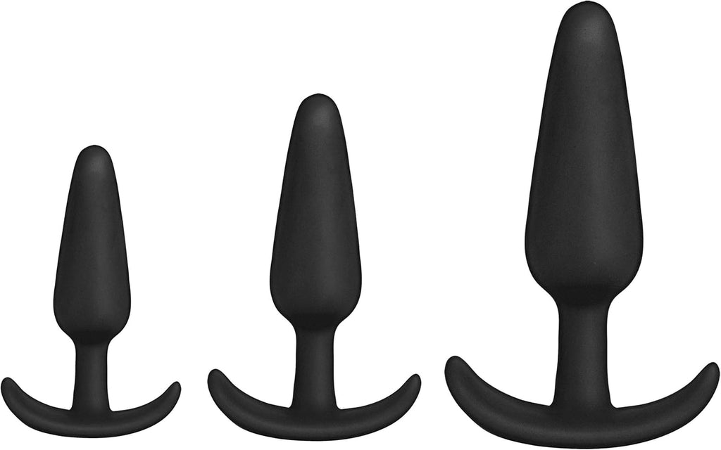 Doc Johnson Merci - Tush Trainer - 3 Piece Silicone Set - Medium, Large, Extra Large - Curved Base for Comfort - for Adults Only, Black