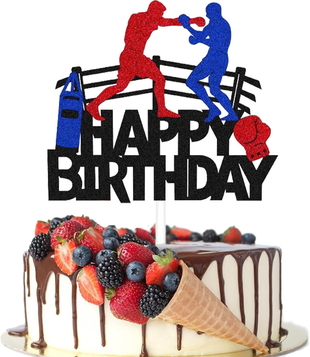 1PC Boxing Happy Birthday Cake Topper, Boxing Gloves Theme Cake Decor, Black Glitter Birthday Decor for Men or Kids Parties