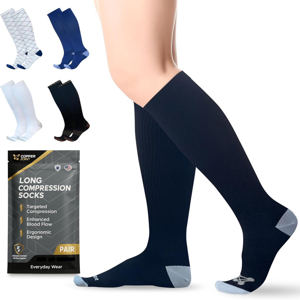 CopperJoint 15-20 mmHg Compression Socks for Men & Women, 2X Large Black Knee-High Graduated Support – Wide Calf Copper-Infused Nylon for Circulation, Swelling Relief, Travel & Long Shifts