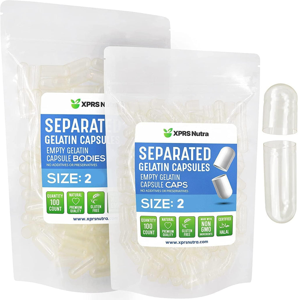 XPRS Nutra Gelatin Size 2 Separated Capsules - 100 Count Empty Capsules Separated in Bags - Size 2 Clear Gelatin Pills Empty for DIY Supplement Filling