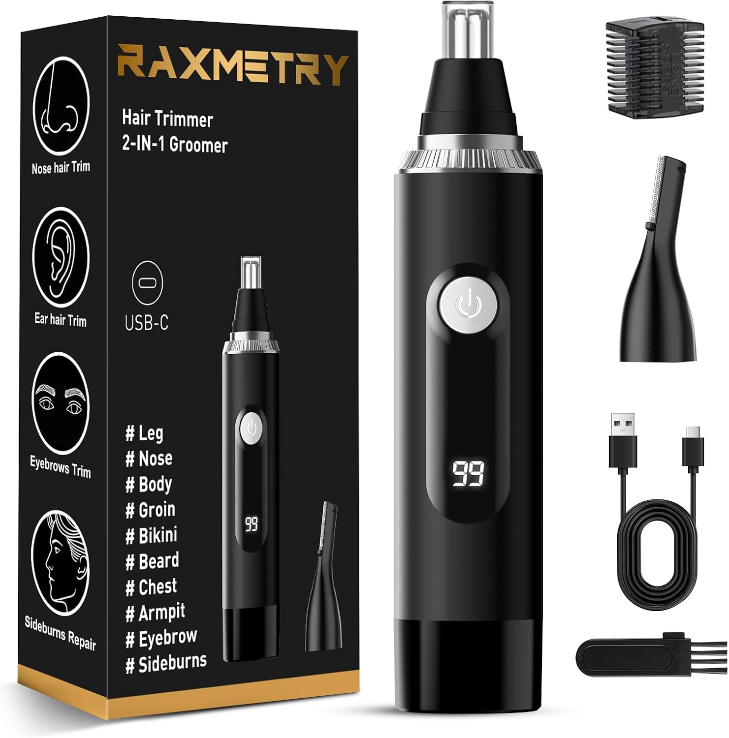 Nose Hair Trimmer for Men and Women,2026 Professional Painless IPX7 Waterproof Eyebrow & Facial Hair Trimmer,USB Rechargeable with LED Display Dual-Edge Blades for Smoother Cutting,BlackSilver