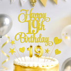 Gold Happy 19th Birthday Cake Decorations, Glitter 19th Birthday Cake Toppers Set and Numeral 19 Candles for Birthday Party Supplies, Heart Star Cupcake Decorations