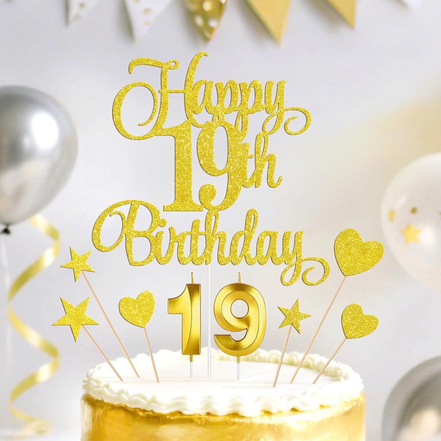 Gold Happy 19th Birthday Cake Decorations, Glitter 19th Birthday Cake Toppers Set and Numeral 19 Candles for Birthday Party Supplies, Heart Star Cupcake Decorations