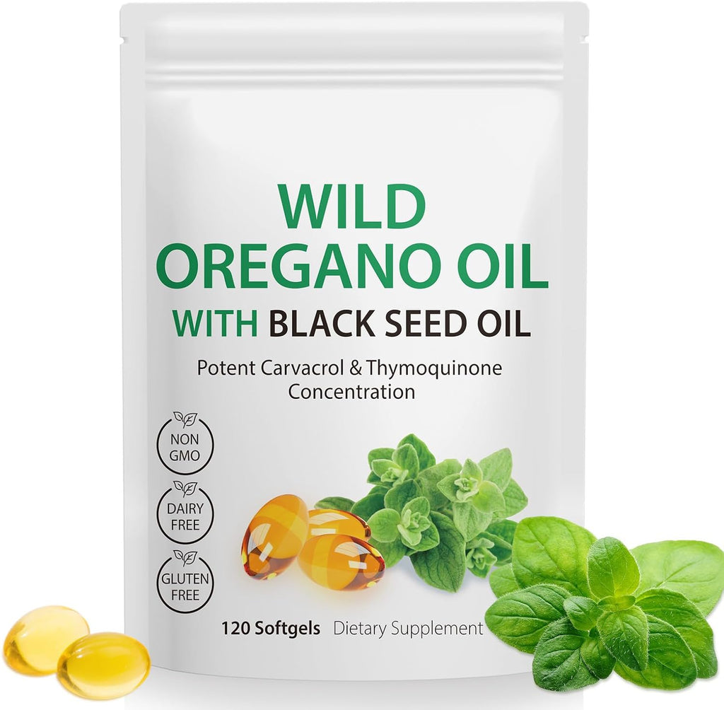 Oil of Oregano Softgels, 120 Count 2 in 1 6000mg Oil of Oregano with Black Seed Oil 200mg, Plant Based, Organic Oregano Oil Supplement Capsules, Non-GMO & Immune Support