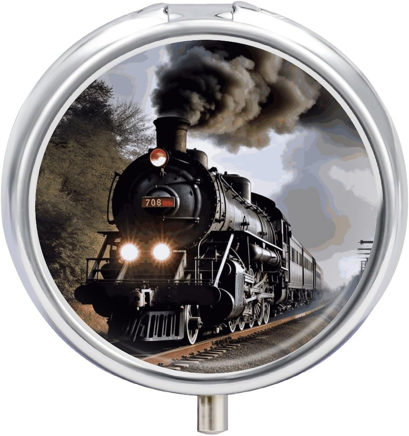 Pill Box 3 Compartment Medicine Pill Case, Steam Train Small Pill Case for Purse & Pocket, Portable Pill Holder, Round Pill Container, Mini Pill Organizer for Travel Or Daily