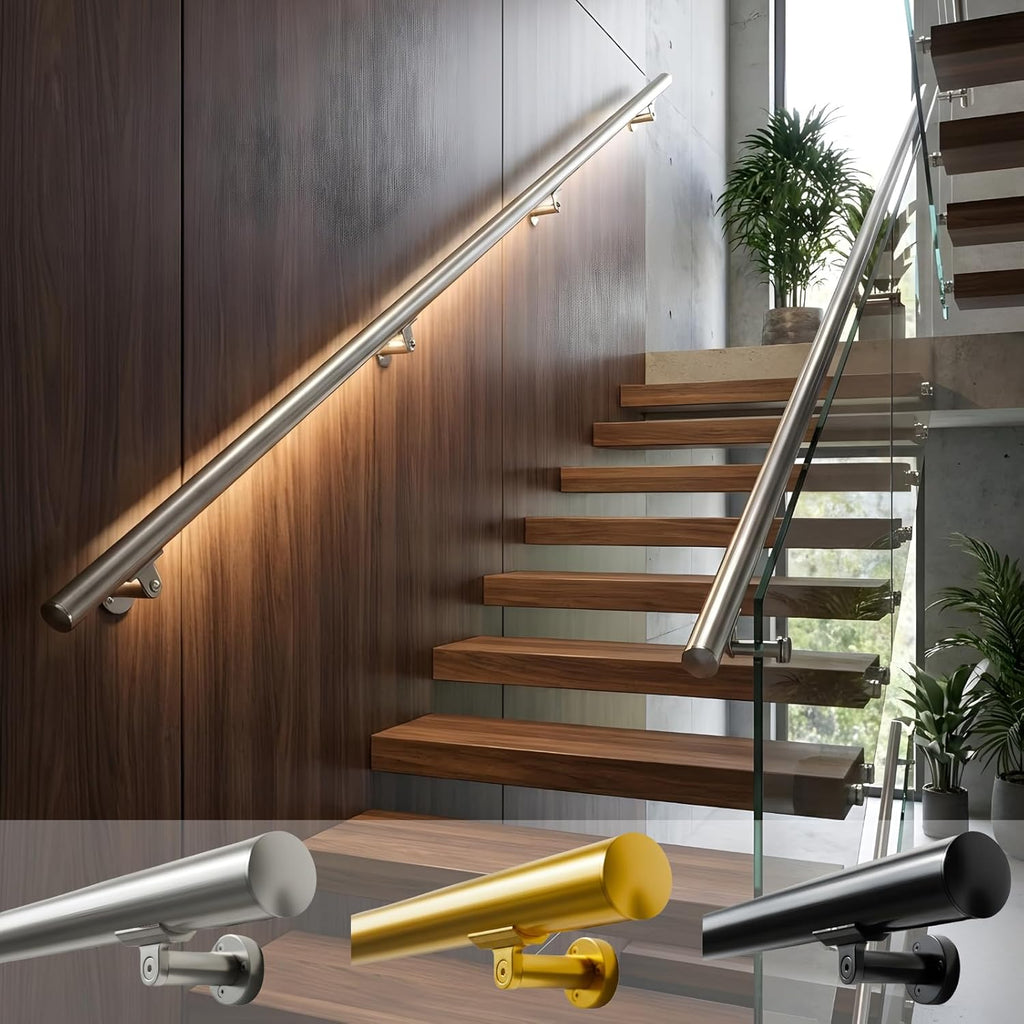 9FT Aluminum Handrail Kit for Indoor/Outdoor Stairs (2–18 FT Available) 1.97" Round Wall Mount Stair Railing, Stainless Steel Look, with Adjustable Steel Brackets Complete DIY Grab Bar Kit ARESSCORP