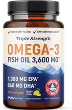Triple Strength Omega 3 Fish Oil 3600 mg | EPA & DHA | Over 2100mg Omega-3 Fatty Acids | 1300mg EPA + 860mg DHA | Best Essential Fatty Acids | Premium Wild Caught & Burpless Fish Oil | 120 Ct