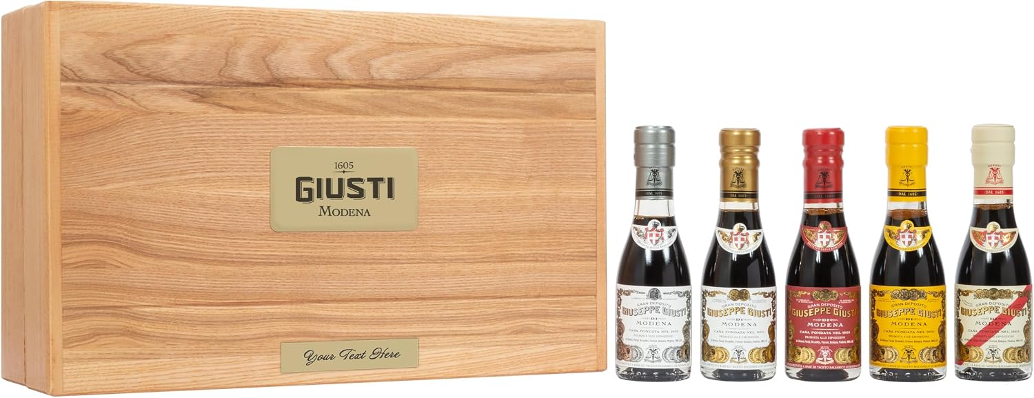 Giusti Historical Collection of 5 Italian Balsamic Vinegars with Wood Gift Box Made in Modena, Italy - Award-Winning, Aged, Gourmet Vinegar - 100 ml Bottles - Custom Engraving