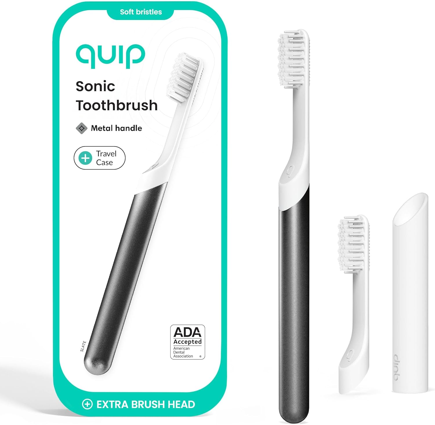 Quip Metal Sonic Electric Toothbrush for Adults - Time Travel & Soft Bristles with Travel Case & Replacement Brush Head - 3 Month Battery Life, Slate