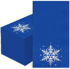 JarThenaAMCS 100Pcs Winter Guest Napkins Foil Silver Snowflake Disposable Paper Napkins Blue Snowflake Dinner Hand Napkins for Xmas Winter Party Supplies