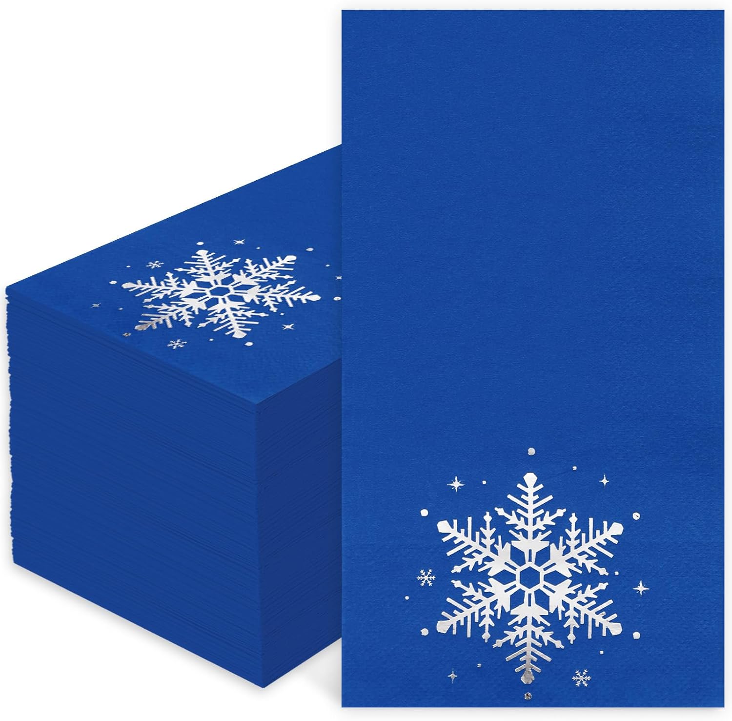 JarThenaAMCS 100Pcs Winter Guest Napkins Foil Silver Snowflake Disposable Paper Napkins Blue Snowflake Dinner Hand Napkins for Xmas Winter Party Supplies
