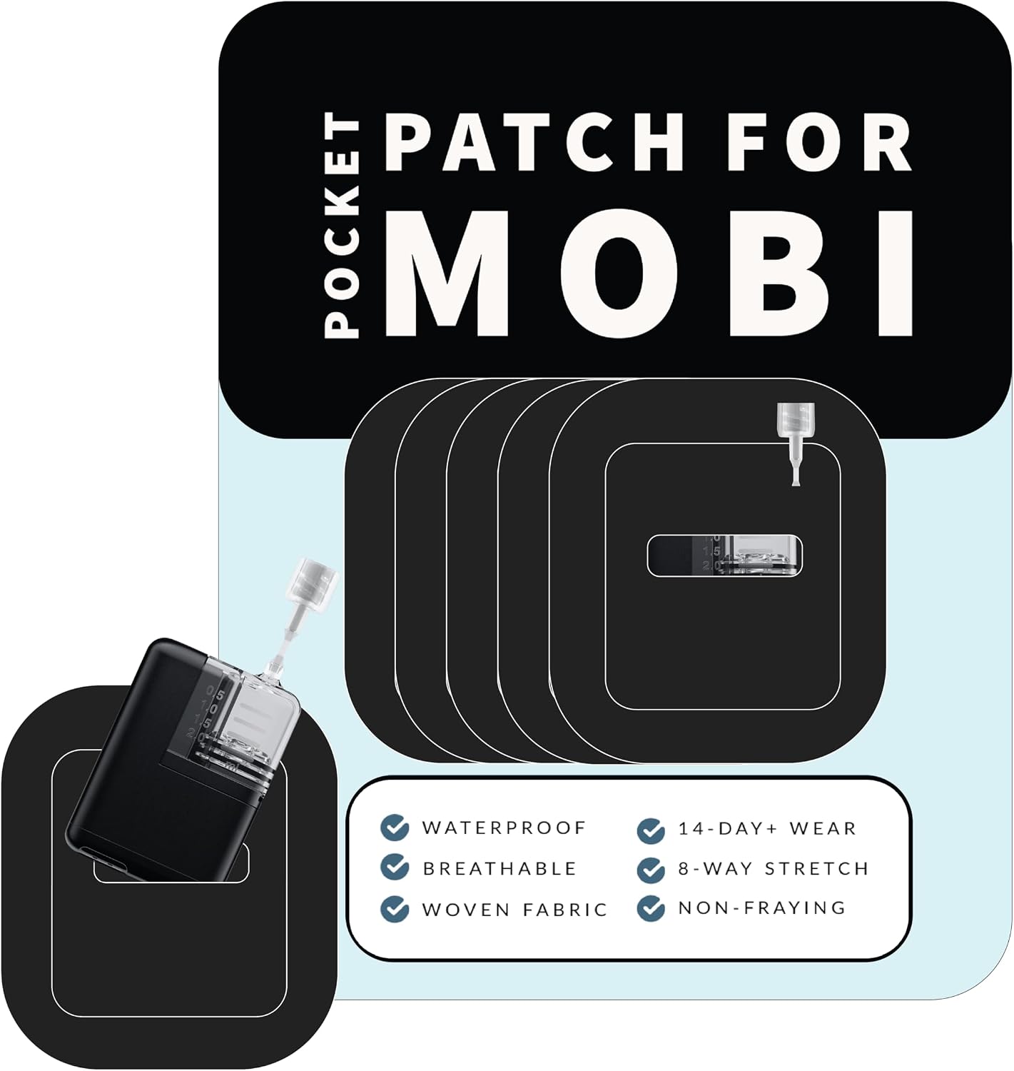 Glucomart Adhesive Pocket for Mobi (5 Count) – Maximum Strength Patches for Wearing Mobi Insulin Pump, Waterproof & Hypoallergenic (Solids Pack) (Mobi Pocket) (Black)