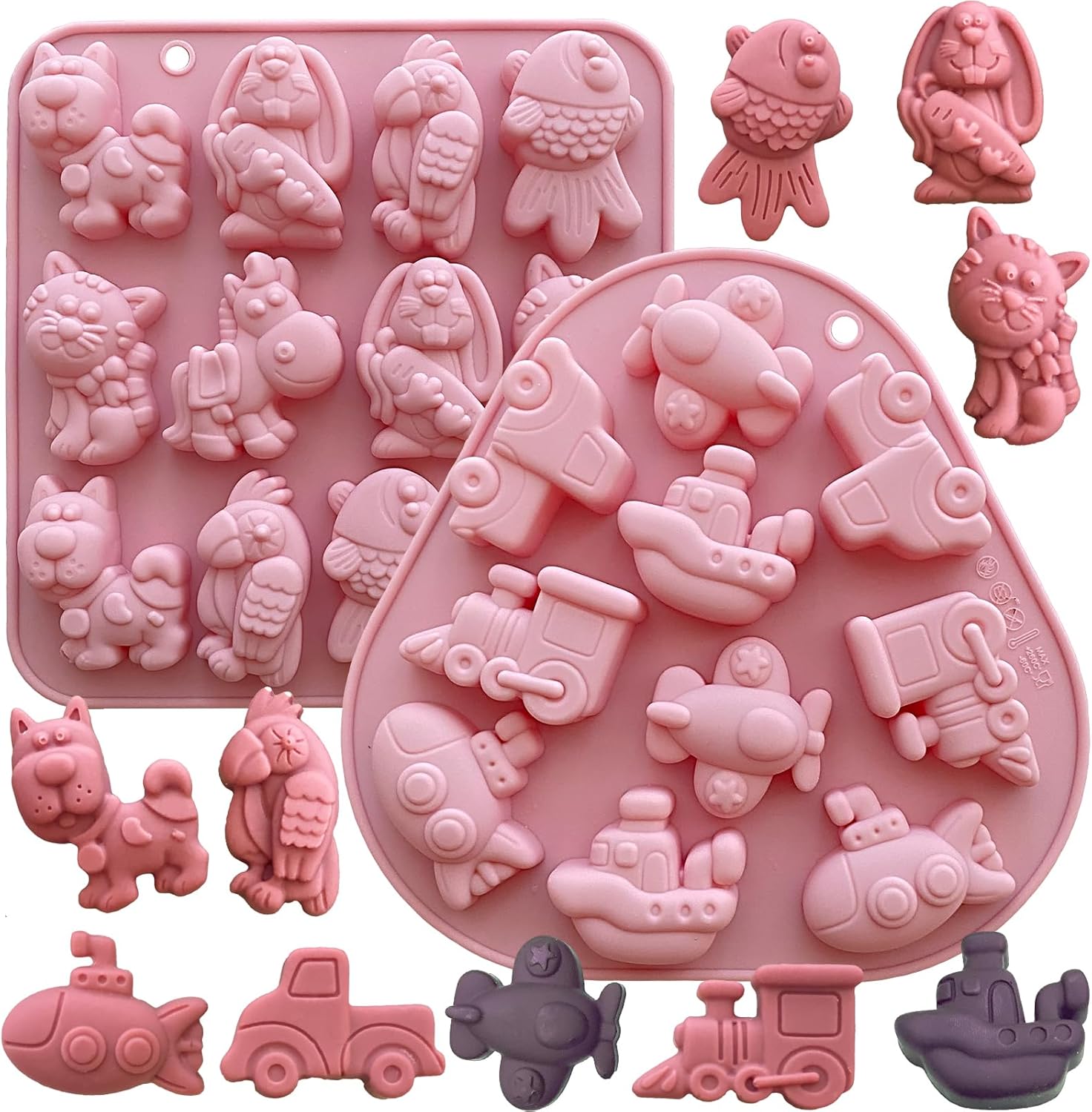 2PCS Animal Silicone Molds 3D Car Chocolate Candy Mold Transportation Gummy Jello Molds For Kids Dog Cat Fish Train Airplane Molds For Baking