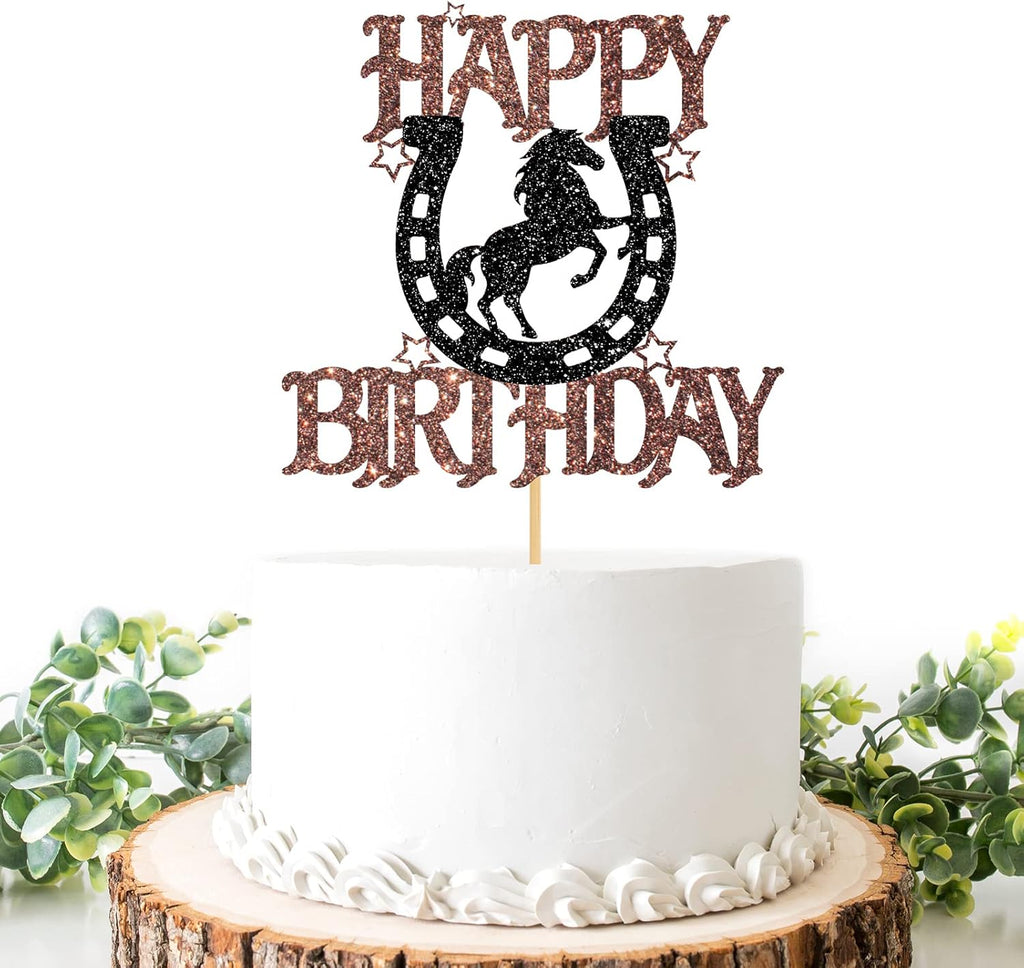 Horseshoe & Horse Happy Birthday Cake Topper, Horse Racing Theme Party Decoration for Boys Girls Men Women, Kids Birthday Party Decoration Supplies