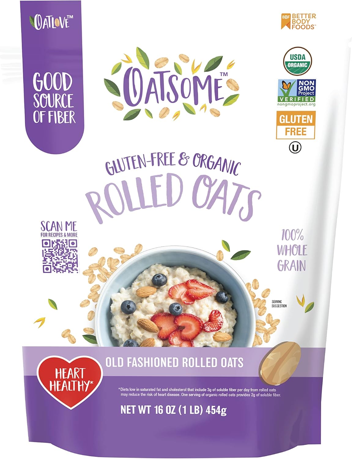 Oatsome Organic Rolled Oats, 1lb Bag – Gluten-Free, Whole Grain Oats for Oatmeal, Baking, & Granola