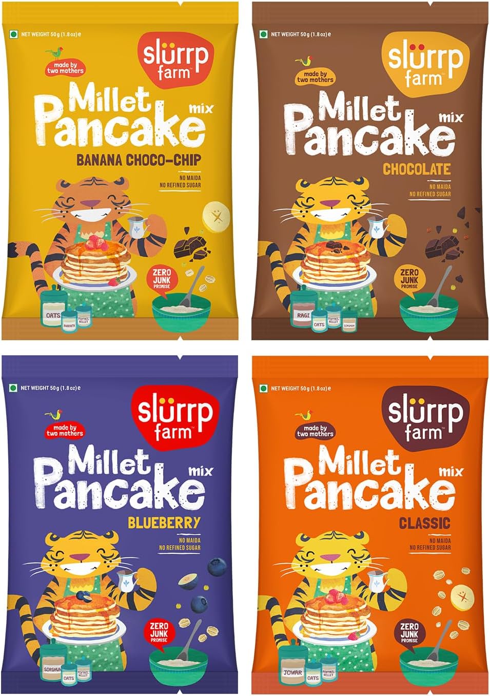 Slurrp Farm Millet Pancake Mix Trial Pack | 4 Flavors: Banana Choco Chip, Chocolate, Blueberry, Classic | No Added Sugar or Salt | Healthy Kids Breakfast | 1.76 Oz (Pack of 4)