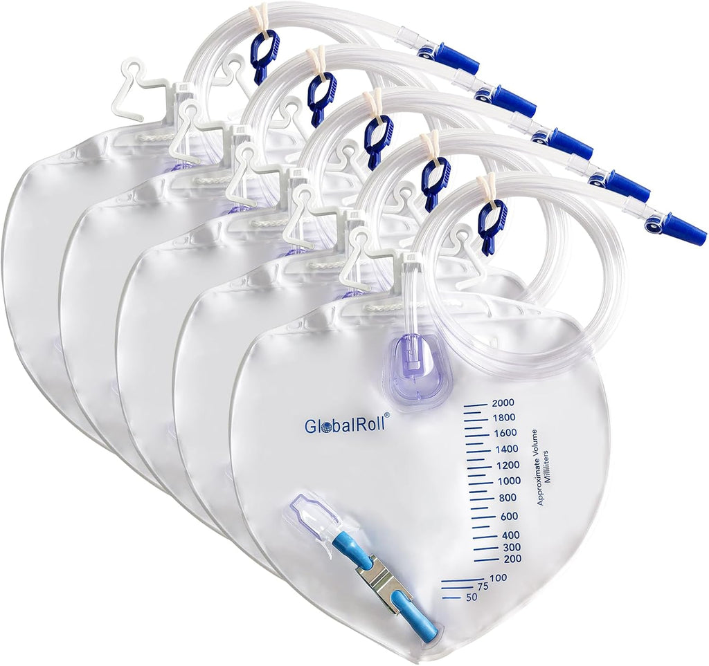 Urinary Drainage Bag with Anti-Reflux Chamber, Bedside Drainage Bag 2000 mL with 48" Drainage Tube, Hook Hanger and Clips, Urine Bag with Metals Buckle for Home and Hospitals, 5 Pack