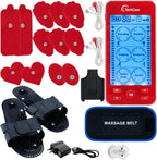 TechCare Plus 24 Modes Tens Unit Muscle Stimulator Massager Rechargeable Unit Electric Complete Set + Massage Belt + Reflexology Shoes Back Neck Pain (Red)