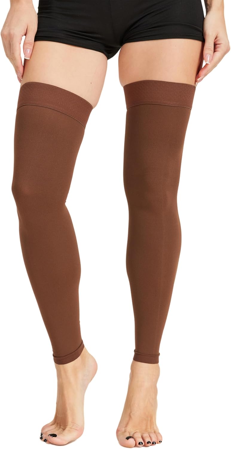 TOFLY Medical Thigh High Compression Socks Footless for Women & Men, Opaque Support Hose, 15-20mmHg Graduated Compression Stockings with Silicone Band for Varicose Veins, Edema, DVT, 1 Pair Brown M