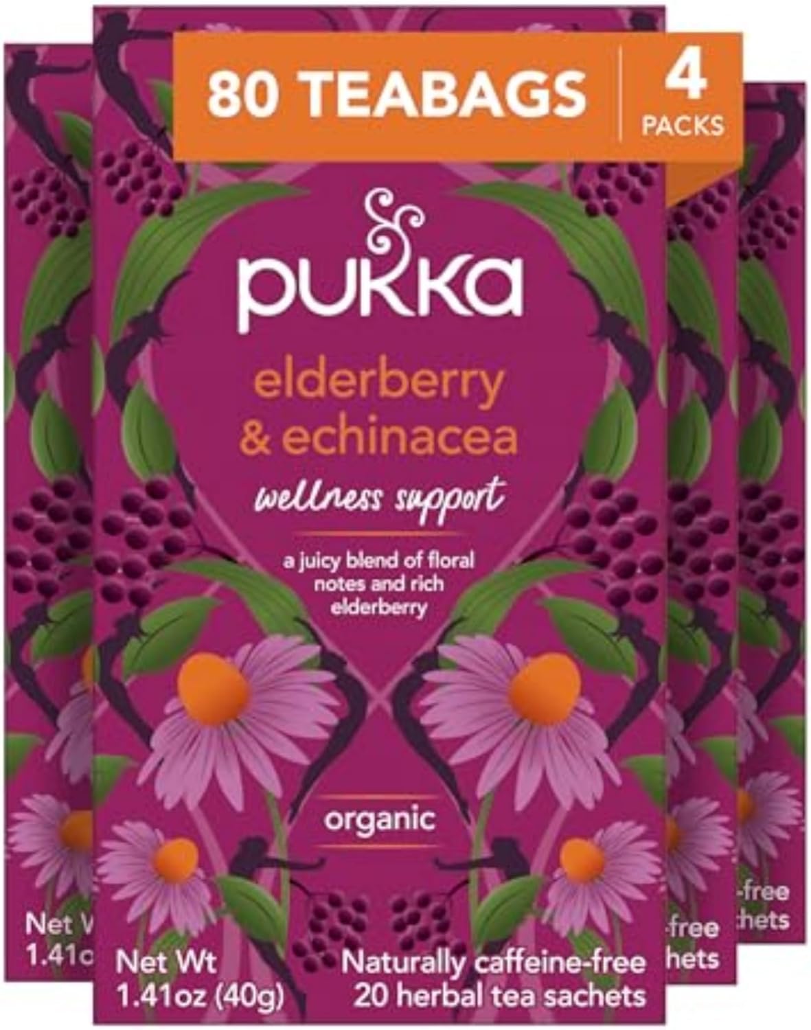 Pukka Elderberry & Echinacea Organic Herbal Tea, Perfect for Wellness Support, Caffeine Free, 80 Total Tea Bags (20ct - Pack of 4)