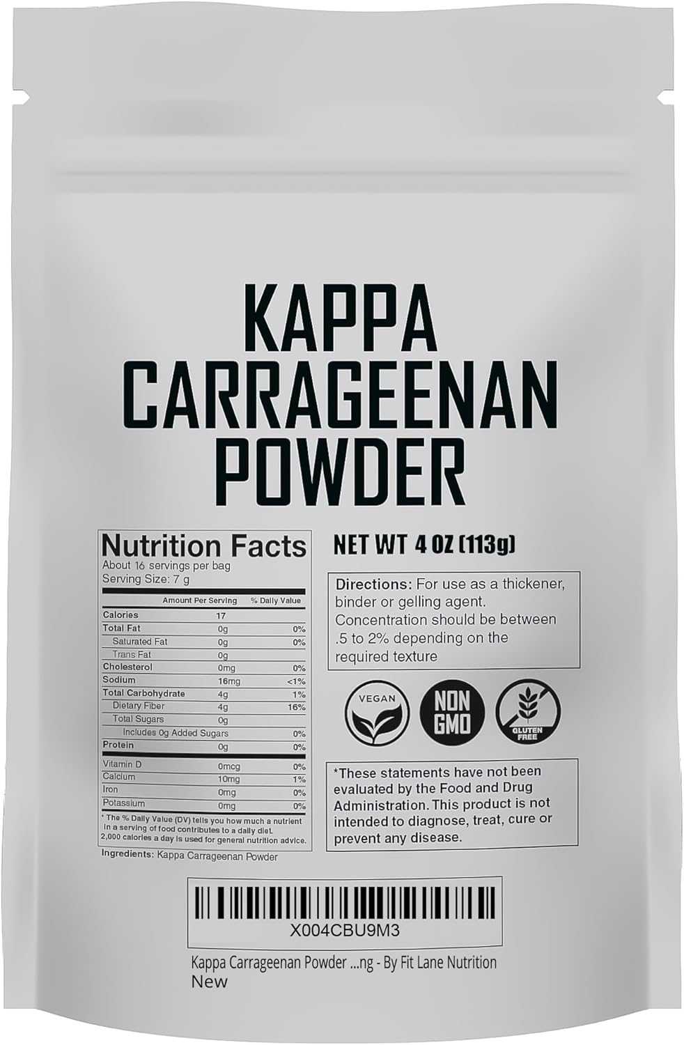 Kappa Carrageenan Powder 4 oz - For Vegan Mozzarella Cheese, Non-GMO. Refined Food Grade Powder for Marbling - By Fit Lane Nutrition