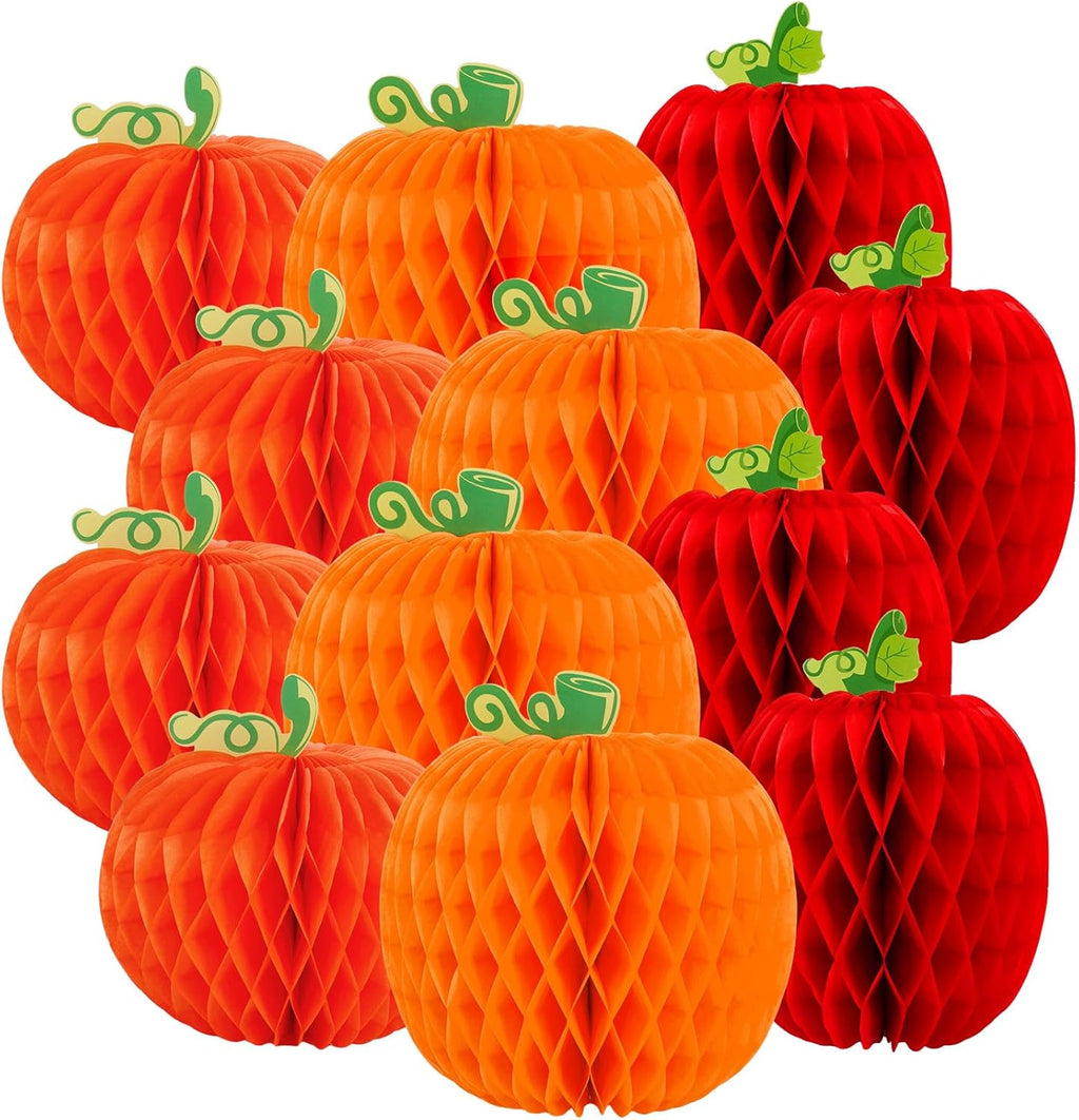 Whaline 12Pcs Fall Pumpkin Honeycomb Centerpiece 3 Different Shapes Pumpkin Honeycomb Decorations Orange Red Autumn Table Ornaments for Halloween Thanksgiving Party Supplies