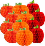 Whaline 12Pcs Fall Pumpkin Honeycomb Centerpiece 3 Different Shapes Pumpkin Honeycomb Decorations Orange Red Autumn Table Ornaments for Halloween Thanksgiving Party Supplies