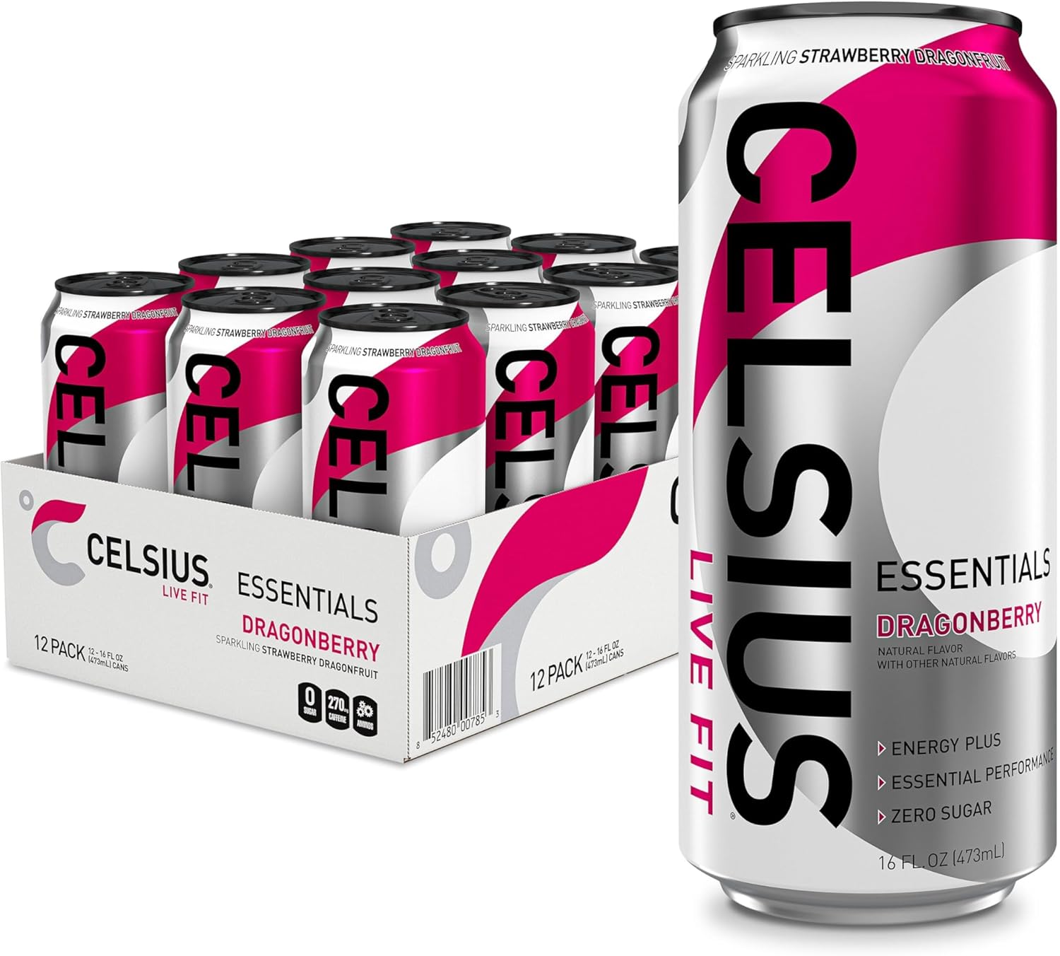 CELSIUS ESSENTIALS™ Sparkling Dragonberry, Sugar Free Performance Energy Drink, 16 Fl Oz (Pack of 12)