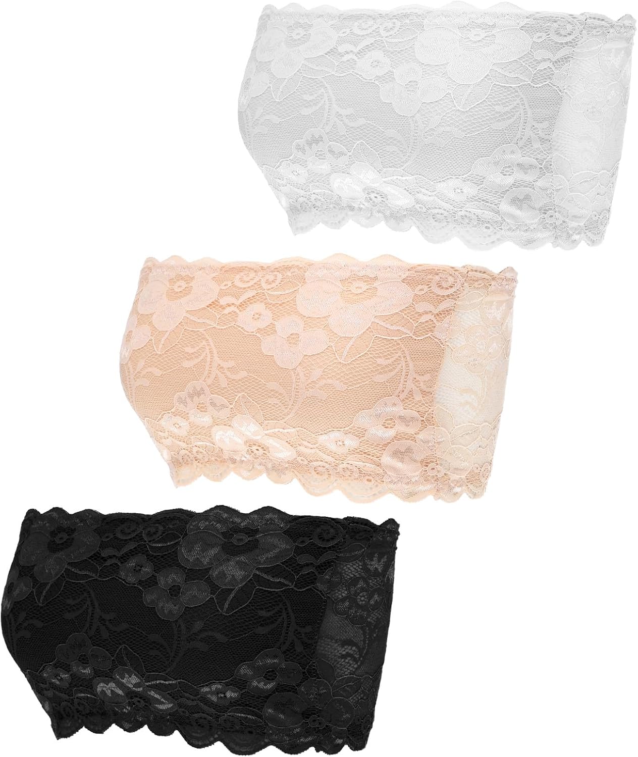 3 Pcs Lace Tube Top Bra, 24-40 Inch Strapless Lace Bandeau Bra Stretchy Tube Top Bras for A or B Cup Low Neckline Cleavage Cover Strapless Bras Bandeau Chest Wrap (White, Black, Beige)