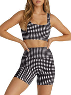Aoysky Womens Workout Gingham 2 Piece Outfits Padded Open Back Crop Tank High Waist Sports Shorts Sets Yoga Matching Sets