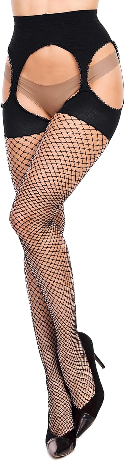 GLAMORY Plus Size Fishnet Ouvert Tights Mesh Ouvert Pantyhose, Microfiber, Reinforced Toe, Crotchless Suspender Style